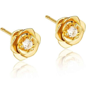 Brincos pequenos, dourados e folheados a ouro 18k, Flor com zircônia cravejada