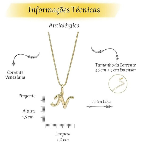 Colar Letra N Banhado a Ouro 18k - Imagem 3