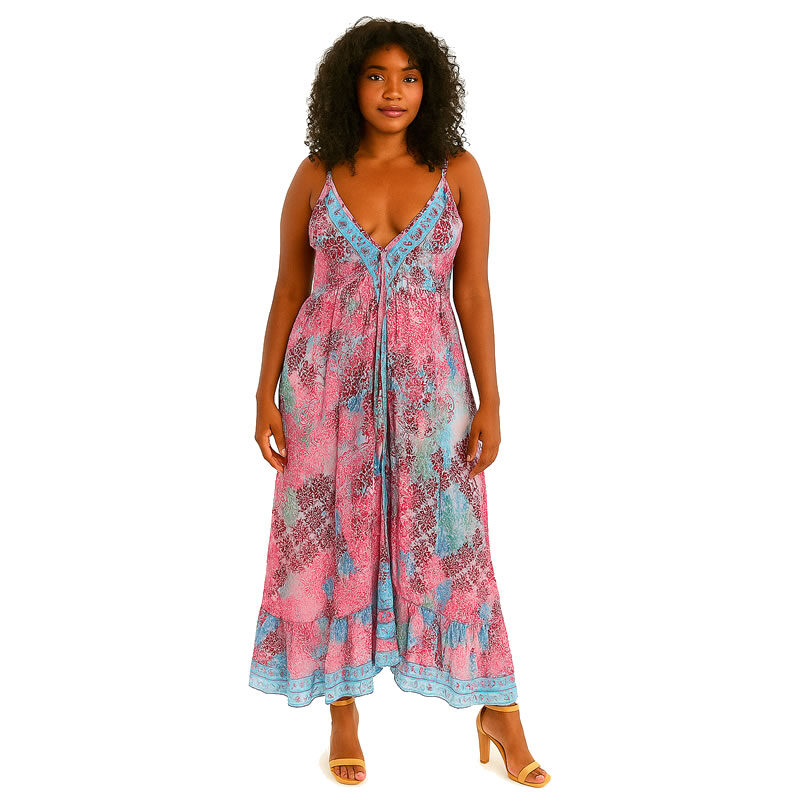 Vestido Indiano Azul e Rosa