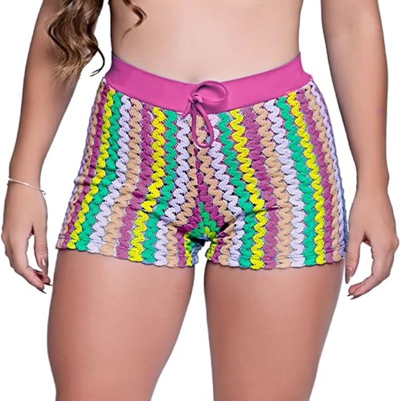 Short de Praia Listrado Colorido, com Cós Elástico, Tecido Premium