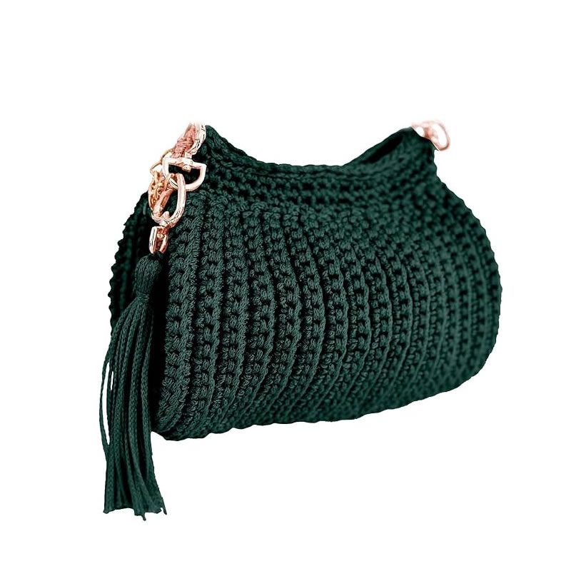 Bolsa Feminina de Crochê Artesanal Com Alça de Mão e Ombro Artesanal, Cor Verde Escuro